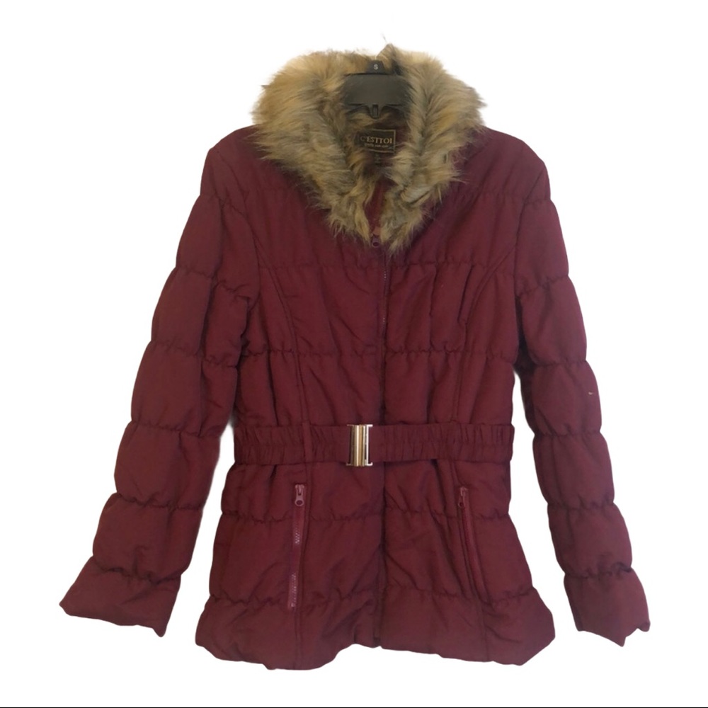 C’esttoi burgundy‎ faux fur collar belted puffer